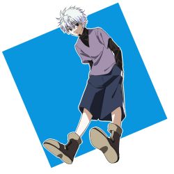 Rule 34 | 1boy, black eyes, black sweater, blue shorts, boots, brown footwear, closed mouth, commentary, full body, hands in pockets, highres, hunter x hunter, killua zoldyck, leaning forward, long sleeves, male focus, purple shirt, shirt, shorts, simple background, smirk, solo, spiked hair, sweater, two-tone background, white hair, yakiniku kuwasero