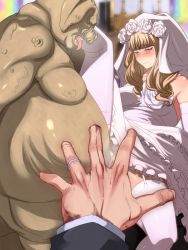 Rule 34 | 1girl, blonde hair, blush, breasts, bridal veil, bride, closed eyes, closed mouth, clothed sex, crying, cum, cum in pussy, cum overflow, dress, elbow gloves, fat, fat man, forced to watch, garter straps, gloves, highres, indoors, jewelry, kinoshita (air hike), large breasts, long hair, male hand, monster, netorare, orc, orc ni maketa kuni 2, pov, pov hands, rape, ring, sex, spread legs, tears, thighhighs, tongue, vaginal, veil, wedding band, wedding dress, white dress, white gloves, white thighhighs