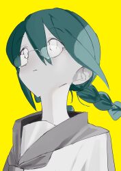 Rule 34 | 1girl, absurdres, blue hair, braid, closed mouth, commentary request, expressionless, floating hair, from below, glasses, hair between eyes, highres, limited palette, long hair, looking ahead, low twin braids, neckerchief, omoei, school uniform, serafuku, sidelighting, simple background, solo, strobe light (vocaloid), twin braids, upper body, vocaloid, white eyes, white serafuku, yellow background