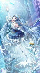 Rule 34 | 1girl, absurdres, animal, arm up, blue eyes, blue hair, box (hotpppink), brooch, detached collar, detached sleeves, dress, frilled dress, frills, full body, hatsune miku, high heels, highres, jewelry, layered dress, long hair, looking up, magic circle, open mouth, pantyhose, puffy detached sleeves, puffy sleeves, rabbit, rabbit yukine, solo, strapless, strapless dress, tiara, very long hair, vocaloid, yuki miku, yuki miku (2019)