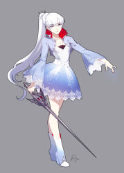 Rule 34 | 1girl, blue eyes, boots, bubble skirt, crop top, dress, ein lee, full body, grey background, hair ornament, hair stick, high collar, jewelry, lace trim, long hair, necklace, official art, ponytail, rapier, rwby, signature, simple background, skirt, solo, sword, weapon, weiss schnee, white hair, wide sleeves