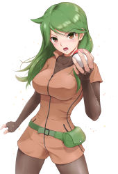 Rule 34 | &gt;:o, 1girl, :o, ace trainer (pokemon), bad id, bad pixiv id, blush, bodysuit, bodysuit under clothes, breasts, brown eyes, commentary request, comugico, covered erect nipples, cowboy shot, creatures (company), fanny pack, game freak, green hair, highres, holding, holding poke ball, leotard, long hair, looking at viewer, medium breasts, nintendo, poke ball, poke ball (basic), pokemon, pokemon dppt, short sleeves, solo, standing, v-shaped eyebrows, zipper