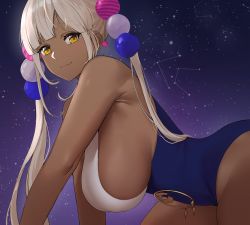 Rule 34 | 1girl, all fours, armpits, bare shoulders, blonde hair, blue leotard, blunt bangs, breasts, commentary, constellation, dark-skinned female, dark skin, dobure18, hair ornament, highres, hololive, hololive english, huge breasts, leotard, long hair, looking at viewer, night, night sky, planet hair ornament, seductive smile, sideboob, sky, smile, solo, star (sky), starry sky, tsukumo sana, tsukumo sana (1st costume), twintails, underbust, very long hair, virtual youtuber, yellow eyes