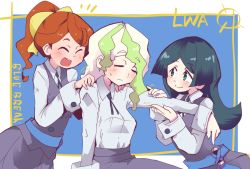 Rule 34 | 3girls, barbara parker, black hair, black skirt, black vest, blush, breasts, brown hair, collared shirt, diana cavendish, closed eyes, green hair, hands on another&#039;s shoulders, hannah england, hys-d, light green hair, little witch academia, long hair, long sleeves, luna nova school uniform, massage, multicolored hair, multiple girls, open mouth, ponytail, school uniform, shirt, shirt tucked in, skirt, smile, two-tone hair, vest, white shirt, witch