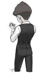 Rule 34 | 1boy, adjusting sleeves, alternate costume, bad id, bad twitter id, black pants, commentary request, creatures (company), formal, from behind, game freak, grey vest, greyscale, hands up, highres, hop (pokemon), long sleeves, male focus, monochrome, nintendo, pants, pokemon, pokemon swsh, sankaku, shirt, short hair, simple background, sketch, solo, suit, vest, white background, white shirt