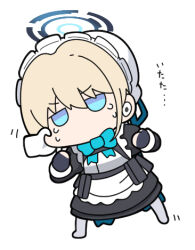 Rule 34 | 1girl, apron, black dress, black gloves, blonde hair, blue archive, blue eyes, cheek pinching, chibi, commentary request, crying, crying with eyes open, disembodied limb, dress, fingerless gloves, frilled apron, frills, full body, gloves, grey pantyhose, hair between eyes, halo, hat, juliet sleeves, long sleeves, lowres, maid, maid apron, maid headdress, mob cap, no shoes, nyaru (nyaru 4126), pantyhose, pinching, puffy sleeves, simple background, solo focus, standing, tears, toki (blue archive), translation request, v-shaped eyebrows, white apron, white background, white headwear