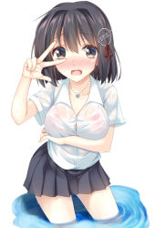 Rule 34 | 10s, 1girl, black hair, blush, bra, breast hold, breasts, brown eyes, cleavage, collarbone, collared shirt, cowboy shot, haguro (kancolle), hair ornament, hisae (hisae collect), jewelry, kantai collection, looking at viewer, miniskirt, necklace, open mouth, pink bra, pleated skirt, see-through, shirt, short hair, short sleeves, simple background, skirt, solo, underwear, wading, water, wet, wet clothes, wet shirt, white background, white shirt