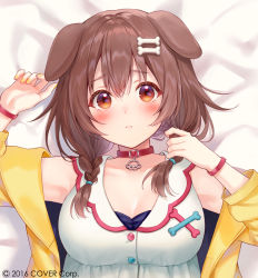 Rule 34 | 1girl, animal collar, animal ears, blush, bone hair ornament, breasts, brown eyes, brown hair, buttons, cartoon bone, collar, company name, copyright notice, dog ears, dog girl, dress, fukahire (ruinon), hair ornament, hololive, inugami korone, inugami korone (1st costume), jacket, long hair, looking at viewer, low twintails, lying, official art, on back, red collar, red wristband, twintails, virtual youtuber, white dress, yellow jacket