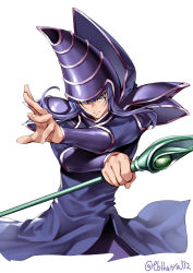 Rule 34 | 1boy, blue eyes, closed mouth, dark magician, duel monster, ebifurya, hat, highres, holding, holding staff, male focus, purple hair, purple hat, serious, simple background, solo, staff, upper body, white background, wizard hat, yu-gi-oh!