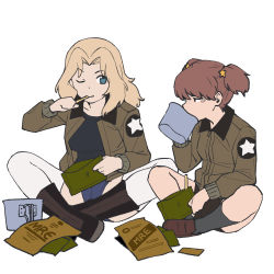 Rule 34 | 2girls, alisa (girls und panzer), black footwear, black shirt, black shorts, blonde hair, blue eyes, blue shorts, boots, brown eyes, brown hair, brown jacket, commentary, cup, eating, emblem, field ration, freckles, girls und panzer, grey legwear, hair intakes, hair ornament, half-closed eyes, highres, holding, indian style, jacket, kay (girls und panzer), loafers, long hair, long sleeves, looking at viewer, military, military uniform, multiple girls, one eye closed, onsen tamago (hs egg), open clothes, open jacket, pouch, saunders military uniform, shirt, shoes, short hair, short shorts, short twintails, shorts, side-by-side, simple background, sitting, socks, star (symbol), star hair ornament, thighhighs, twintails, uniform, white background, white legwear