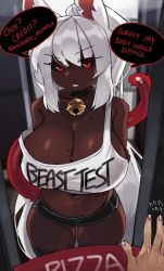 Rule 34 | 1girl, animal ears, bell, black sclera, black shorts, black thighhighs, breasts, cat ears, cat girl, cat tail, cleavage, clothes writing, coco (bakeneko), collar, colored sclera, dark-skinned female, dark skin, doorway, english text, flying sweatdrops, food, highres, huge breasts, long hair, looking at viewer, midriff, mole, mole on breast, mole under eye, navel, neck bell, original, parted lips, pizza, pizza delivery, ponytail, red eyes, shirt, short shorts, shorts, speech bubble, strap slip, tail, tank top, teeth, thighhighs, very dark skin, very long hair, white hair, white shirt, zanamaoria