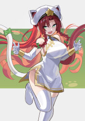 1girl :d alternate_costume animal_ears animal_hat braid breasts cat_ears cat_hat china_dress chinese_clothes commentary dress elbow_gloves falken_(yutozin) gloves green_eyes hair_between_eyes hat highres hong_meiling looking_to_the_side no_panties open_mouth red_hair revision smile solo standing standing_on_one_leg thighhighs touhou twin_braids white_dress white_gloves white_hat white_thighhighs