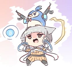 Rule 34 | 1girl, ak-47, animal ears, assault rifle, bird, black footwear, blue eyes, boots, brown eyes, brown jumpsuit, cat with a brush, chibi, commentary request, crossover, grey hair, gun, holding, holding gun, holding weapon, jumpsuit, kalashnikov rifle, nia (xenoblade), on head, open mouth, pal (creature), palworld, penguin, pengullet, rifle, standing, weapon, xenoblade chronicles (series), xenoblade chronicles 2