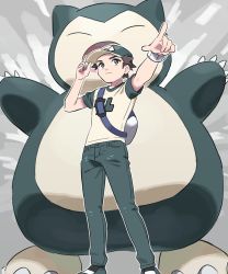 Rule 34 | 1boy, alternate color, backpack, bag, baseball cap, bracelet, brown hair, closed mouth, commentary request, creatures (company), from below, game freak, gen 1 pokemon, green headwear, green pants, hand on headwear, hat, highres, jewelry, male focus, nintendo, outline, pants, pointing, pokemon, pokemon (creature), pokemon sm, pumpkinpan, red (pokemon), shirt, shoes, short hair, short sleeves, snorlax, standing, t-shirt