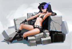Rule 34 | 10s, 1girl, armpits, bikini, bikini top only, black hair, black rock shooter, black rock shooter (character), blue eyes, boots, breasts, choker, doyora, flat chest, glowing, glowing eye, hand on own knee, knee boots, long hair, rubble, scar, short shorts, shorts, sitting, small breasts, solo, swimsuit, twintails