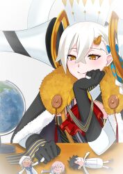 Rule 34 | 1girl, 4uu (radicalmp head), ascot, black cape, black gloves, cape, character doll, closed mouth, commentary request, doll, earrings, fate/grand order, fate (series), fujimaru ritsuka (male), fujimaru ritsuka (male) (decisive battle chaldea uniform), fur-trimmed cape, fur trim, globe, gloves, hair between eyes, hair ornament, head rest, highres, horns, jewelry, looking down, marine nemo (fate), mash kyrielight, nemo (fate), olga marie animusphere, red ascot, ring, single horn, smile, solo, table, u-olga marie, white background, white hair, yellow eyes, yellow horns