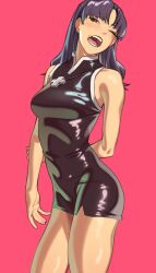 Rule 34 | 1girl, arm behind back, bare legs, breasts, brown eyes, commentary, cross, curvy, dress, highres, jewelry, katsuragi misato, long hair, looking at viewer, medium breasts, neon genesis evangelion, one eye closed, open mouth, pokoporoko, purple hair, red background, short dress, solo, standing, tight clothes, tight dress, wide hips, yawning