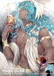 Rule 34 | 1boy, alcohol, aqua hair, armlet, black nails, chalice, character name, copyright name, cup, dark-skinned male, dark skin, dual wielding, head wings, highres, holding, long hair, male focus, mimitz, muscular, nail polish, navel, phealous noa seoll, pixiv fantasia, pixiv fantasia age of starlight, simple background, sitting, upper body, white wings, wine, wings, yellow eyes