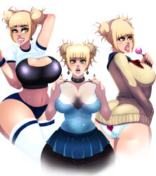 Rule 34 | 1girl, alternate costume, areola slip, ass, bare shoulders, blonde hair, boku no hero academia, breast press, breasts, candy, casual, choker, cleavage, cleavage cutout, clothing cutout, cross, female focus, food, gym uniform, heart, highres, huge ass, large breasts, lollipop, looking at viewer, looking to the side, makeup, midriff, multiple persona, navel, ornament, piercing, school uniform, sideboob, skirt, solo, teasing, thick thighs, thighhighs, thighs, toga himiko, tongue, tongue out, underwear, vampire, yellow eyes