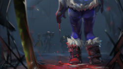 Rule 34 | artist name, blizzard (company), blood, blood on clothes, blood on hands, boots, cassidy (overwatch), fur trim, gaoerji, gloves, head out of frame, highres, mei (overwatch), out of frame, overwatch, overwatch 1, roadhog (overwatch), soldier: 76 (overwatch), tracer (overwatch)