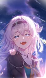 Rule 34 | 1girl, absurdres, artist name, black hairband, black jacket, blue eyes, blue sky, blush, cloud, cloudy sky, cropped jacket, crying, crying with eyes open, dress, edogawa kigoro, firefly (honkai: star rail), grey hair, hair between eyes, hair ornament, hairband, highres, honkai: star rail, honkai (series), jacket, leaf hair ornament, long hair, long sleeves, looking at viewer, neckerchief, night, night sky, open mouth, orange neckerchief, outdoors, sailor collar, sky, smile, solo, standing, star (sky), starry sky, tears, teeth, tongue, white dress
