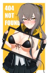 Rule 34 | 1girl, absurdres, bikini, bikini top only, black bikini, black gloves, blush, breasts, collarbone, fingerless gloves, girls&#039; frontline, gloves, grey hair, hair between eyes, highres, holding, holding tablet pc, jacket, large breasts, long hair, looking at viewer, pleated skirt, scar, scar across eye, scar on face, skirt, solo, sweat, swimsuit, tablet pc, tears, ump45 (girls&#039; frontline), x-ray, yellow eyes, z.taiga