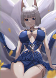 Rule 34 | 1girl, animal ear fluff, animal ears, autumn leaves, azur lane, bare shoulders, blue dress, blue eyes, breasts, center opening, dress, evening gown, fox ears, fox tail, grey hair, halter dress, halterneck, highres, kaga (azur lane), kaga (exalted white wings) (azur lane), kitsune, kyuubi, large breasts, looking at viewer, multiple tails, official alternate costume, short hair, sleeveless, sleeveless dress, solo, tail, white hair, white tail, yofo