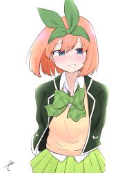 Rule 34 | 1girl, arms behind back, black jacket, blue eyes, blush, bow, collared shirt, commentary, eyebrows hidden by hair, go-toubun no hanayome, green bow, green ribbon, green skirt, grin, hair between eyes, hair ribbon, highres, jacket, kujou karasuma, looking at viewer, nakano yotsuba, open clothes, open jacket, orange hair, pleated skirt, ribbon, school uniform, shirt, signature, simple background, skirt, smile, solo, sweater vest, symbol-only commentary, white background, white shirt