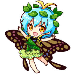 Rule 34 | 1girl, :d, antennae, barefoot, blue hair, blush stickers, butterfly wings, chibi, commentary, dress, eternity larva, full body, green dress, hair ornament, insect wings, leaf, leaf hair ornament, looking at viewer, lowres, open mouth, orange eyes, outstretched arms, renren (ah renren), short hair, simple background, smile, solo, spread arms, touhou, white background, wings