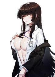 Rule 34 | 1girl, absurdres, areola slip, belt, belt collar, black belt, black hair, black jacket, black pants, blush, breasts, center opening, chinese commentary, closed mouth, collar, collared shirt, commentary, cowboy shot, hand on own chest, highres, id card, jacket, jacket partially removed, kongbai huanxiang, lanyard, large breasts, long hair, long sleeves, looking at viewer, mole, mole on breast, mole under eye, navel, office lady, open clothes, open shirt, original, pants, shirt, sidelocks, simple background, solo, sweat, very long hair, white background, white shirt, yellow eyes