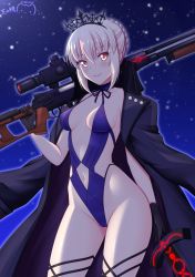 Rule 34 | 1girl, adapted costume, artoria pendragon (all), artoria pendragon (alter swimsuit rider) (third ascension) (fate), artoria pendragon (fate), black gloves, black jacket, blonde hair, blue leotard, blush, breasts, cameltoe, closed mouth, clothing cutout, collarbone, cowboy shot, dated, excalibur morgan (fate), fate/grand order, fate (series), gloves, groin, gun, hair between eyes, highleg, highleg leotard, holding, holding gun, holding sword, holding weapon, jacket, jacket on shoulders, leotard, looking at viewer, medium breasts, navel, navel cutout, night, night sky, open clothes, open jacket, outdoors, pink eyes, ppshex, rifle, saber alter, short hair, sidelocks, signature, sky, smile, sniper rifle, solo, stomach, sword, thigh strap, tiara, weapon