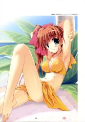 Rule 34 | 1girl, absurdres, amane sou, armpits, arms up, barefoot, bikini, blue eyes, breasts, brown hair, cleavage, feet, highres, leg up, legs, momose mio, navel, palm tree, pastel (game), side ponytail, solo, swimsuit, tree, yellow bikini