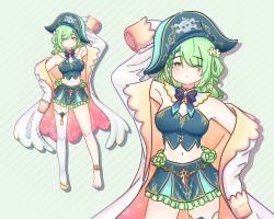 Rule 34 | 1girl, amamii-amii, braid, ceres fauna, cosplay, cropped jacket, flower, green hair, hair flower, hair ornament, hat, highres, hololive, hololive english, houshou marine, houshou marine (1st costume), houshou marine (cosplay), long hair, looking at viewer, midriff, miniskirt, pirate hat, single thighhigh, skirt, solo, thighhighs, virtual youtuber, yellow eyes