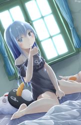 Rule 34 | 1girl, absurdres, anchor symbol, bare shoulders, barefoot, bed sheet, black panties, black shirt, blue eyes, blue hair, blush, breasts, closed mouth, collarbone, commentary request, curtains, failure penguin, hair between eyes, hibiki (kancolle), highres, indoors, kantai collection, miss cloud, panties, print shirt, shirt, short sleeves, sitting, small breasts, solo, stuffed animal, stuffed penguin, stuffed toy, sunlight, tateishi kureha, twitter username, underwear, wariza, window