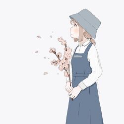 Rule 34 | 1girl, blue dress, blush, branch, brown eyes, brown hair, cherry blossoms, clip studio paint (medium), closed mouth, collared shirt, commentary, dress, from side, grey hat, hat, highres, holding, holding branch, long sleeves, looking up, low ponytail, medium hair, original, petals, pinafore dress, ponytail, profile, purinnari, shirt, signature, simple background, sleeveless, sleeveless dress, solo, standing, striped clothes, striped shirt, white background, white shirt