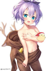 Rule 34 | ahoge, animal costume, antlers, arm across chest, azur lane, bad id, bad pixiv id, bell, bird, blue eyes, blush, breasts, censored, censored nipples, chick, collarbone, commentary request, covering one breast, covering privates, hair ribbon, hand on own chest, hat, horns, javelin (azur lane), looking at viewer, md5 mismatch, open mouth, purple hair, reindeer antlers, reindeer costume, resolution mismatch, ribbon, santa hat, simple background, solo, source larger, stuffed animal, stuffed toy, suyamori, topless, undressing, white background