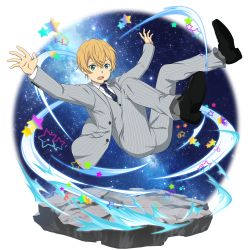 Rule 34 | 1boy, black footwear, blonde hair, blue eyes, blue necktie, collared shirt, eugeo, flying, full body, grey jacket, grey pants, grey socks, hair between eyes, highres, jacket, male focus, microphone, necktie, official art, open clothes, open jacket, open mouth, outstretched arms, pants, pinstripe pants, pinstripe pattern, shirt, sky, socks, solo, star (sky), star (symbol), starry sky, striped clothes, striped jacket, striped pants, sword art online, transparent background, vertical-striped clothes, vertical-striped jacket, vertical-striped pants, white shirt, wing collar