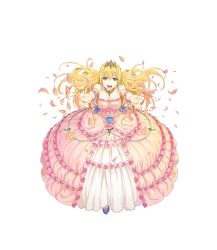 Rule 34 | 1girl, absurdres, blonde hair, blue eyes, breasts, cleavage, dress, floating hair, full body, highres, jewelry, large breasts, long hair, looking at viewer, necklace, official art, outstretched arms, petals, queen aishasha, ring, solo, thousand memories, tiara, transparent background