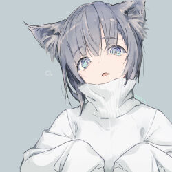 Rule 34 | 1girl, animal ears, blue eyes, cat ears, cat girl, commentary request, fangs, fluff, grey background, grey hair, hands up, head tilt, highres, kinutani yutaka, long sleeves, looking at viewer, medium hair, open mouth, original, oversized clothes, simple background, sleeves past fingers, sleeves past wrists, solo, sweater, turtleneck, turtleneck sweater, upper body, white sweater