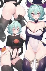 Rule 34 | 1girl, absurdres, animal ears, aqua hair, ass, bewitching elise, black choker, black nails, black panties, black thighhighs, breasts, cameltoe, cat ears, cat tail, choker, chromatic aberration, cleavage, covered navel, crossed bangs, elbow gloves, elise (league of legends), fingernails, gloves, hair between eyes, hair intakes, hat, high heels, highres, key, league of legends, leotard, lower teeth only, medium breasts, nail polish, one eye closed, open mouth, panties, purple eyes, purple gloves, purple thighhighs, reiko lape, short hair, simple background, skindentation, smile, tail, teeth, thighhighs, thighs, tongue, tongue out, underwear, white background, white leotard, witch hat