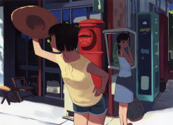 Rule 34 | 2girls, back, bag, black eyes, black hair, bob cut, braid, camisole, chair, day, denim, denim shorts, folding chair, grass, hand on own hip, hat, unworn hat, unworn headwear, highres, holding, holding clothes, holding hat, leaning forward, legs together, looking at viewer, looking away, looking back, multiple girls, outdoors, phone, reflection, ribbon, shade, shading eyes, shirt, short hair, shorts, skirt, sleeveless, sleeveless shirt, sliding doors, standing, summer, swept bangs, table, takamichi, vending machine, wooden table