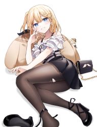 Rule 34 | 1girl, absurdres, bag, blonde hair, blue eyes, casual, frills, grin, hair ornament, hairclip, handbag, high heels, highres, hololive, hololive english, holomyth, jewelry, key, key necklace, lying, necklace, on back, pantyhose, peneko, pillow, side ponytail, smile, smol ame, solo, torn clothes, torn pantyhose, virtual youtuber, walfie (style), watson amelia, watson amelia (street casual)