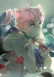 Rule 34 | 1boy, animal ears, backlighting, bandages, bandaid, bandaid on face, bare arms, cat boy, cat ears, cat tail, earrings, ein lee, face, fish, fish bone, glasses, head rest, intertwined tails, jewelry, looking away, lying, male focus, mouth hold, on stomach, original, pink hair, red-framed eyewear, reese (einlee), solo, stuffed animal, stuffed toy, tail