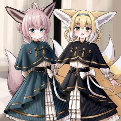 Rule 34 | 2girls, :d, absurdres, ahoge, animal ear fluff, animal ears, arknights, arms behind back, black capelet, blonde hair, blue capelet, blue hairband, blue skirt, blush, bow, braid, braided hair rings, breasts, brown hair, capelet, commentary, english commentary, fox ears, fox girl, fox tail, hair between eyes, hair rings, hairband, highres, indoors, kitsune, long sleeves, multicolored hair, multiple girls, open mouth, parted lips, pleated skirt, puffy long sleeves, puffy sleeves, rylaera, shirt, skirt, small breasts, smile, striped clothes, striped skirt, sussurro (arknights), suzuran (arknights), tail, twin braids, two-tone hair, variant set, vertical-striped clothes, vertical-striped skirt, white bow, white hair, white shirt