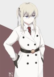 Rule 34 | 10s, 1girl, :|, alternate costume, belt, black belt, black gloves, blonde hair, buttons, closed mouth, coat, collared shirt, cross, double-breasted, flower, gloves, graf zeppelin (kancolle), hair between eyes, hands in pockets, hands on own hips, iron cross, kantai collection, long hair, long sleeves, looking away, looking to the side, necktie, peacoat, purple eyes, red necktie, shigino sohuzi, shirt, sidelocks, solo, standing, twintails, two-tone background, white coat, white shirt
