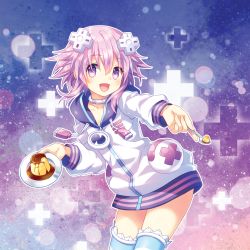 Rule 34 | 1girl, :d, choker, d-pad, d-pad hair ornament, food, hair between eyes, hair ornament, holding, holding spoon, hood, hooded jacket, horizontal-striped legwear, jacket, leaning forward, looking at viewer, narinn, neptune (neptunia), neptune (series), open mouth, pudding, purple eyes, purple hair, short hair, smile, solo, spoon, striped clothes, striped thighhighs, thighhighs