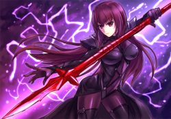 Rule 34 | 1girl, bodysuit, breasts, fate/grand order, fate (series), gae bolg (fate), large breasts, long hair, polearm, purple bodysuit, purple hair, red eyes, scathach (fate), scathach (fate), shingo (picturepuzzle), sketch, solo, spear, weapon