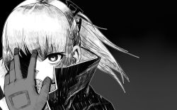 Rule 34 | 1girl, absurdres, armor, coat, covering one eye, girls&#039; frontline, gloves, greyscale, hair between eyes, hair ornament, hand up, highres, jacket, long hair, looking at viewer, metal gear (series), metal gear solid v: the phantom pain, mod3 (girls&#039; frontline), monochrome, one eye covered, ponytail, serious, shaded face, sidelocks, solo, st ar-15 (girls&#039; frontline), st ar-15 (mod3) (girls&#039; frontline), twoj