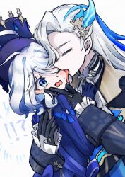 Rule 34 | !?, 1boy, 1girl, black gloves, blue eyes, blue hair, blush, closed eyes, commentary request, furina (genshin impact), genshin impact, gloves, grey hair, hair ornament, hand on another&#039;s face, hat, hetero, highres, hug, licking, long hair, multicolored hair, neuvillette (genshin impact), one eye closed, short hair, simple background, surprised, upper body, usagi paint, wavy mouth, white background
