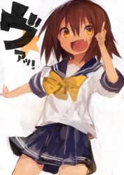 Rule 34 | 1girl, absurdres, blue skirt, bow, bowtie, brown hair, fang, hair between eyes, highres, index finger raised, kaamin (mariarose753), kusakabe misao, lucky star, open mouth, orange eyes, pleated skirt, ryouou school uniform, sailor collar, school uniform, serafuku, short hair, short sleeves, simple background, skirt, solo, star (symbol), white background, yellow bow, yellow bowtie